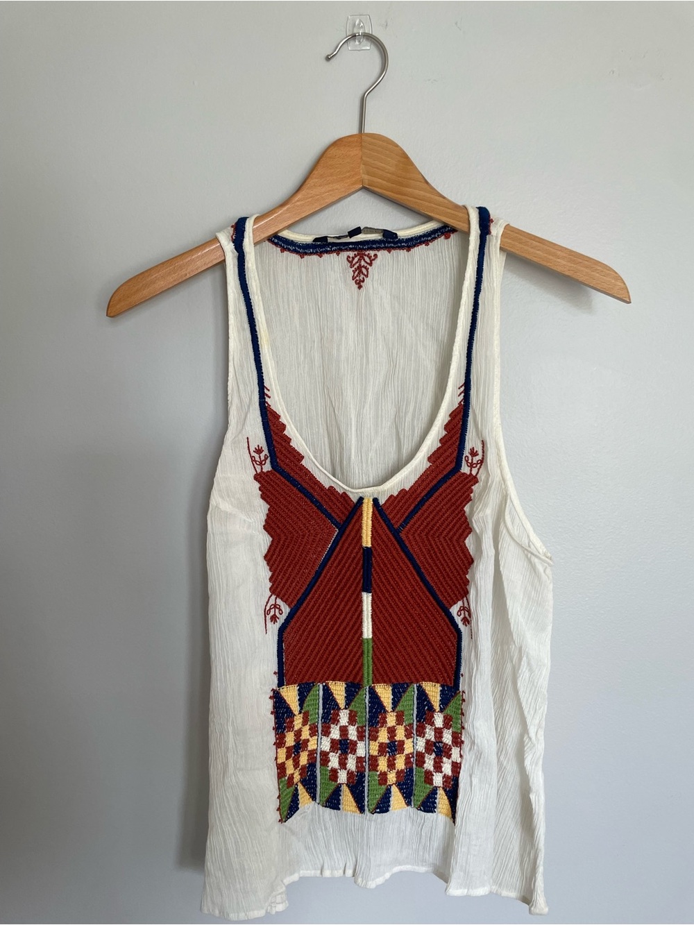 Of Two Minds Navy Trim White Textured Top with Red Accent